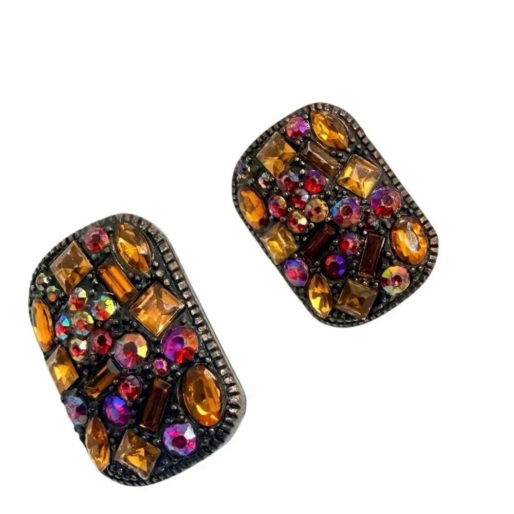 VintageAmber & Ruby Red Aurora Borealis Rhinestone Clip-On Earrings